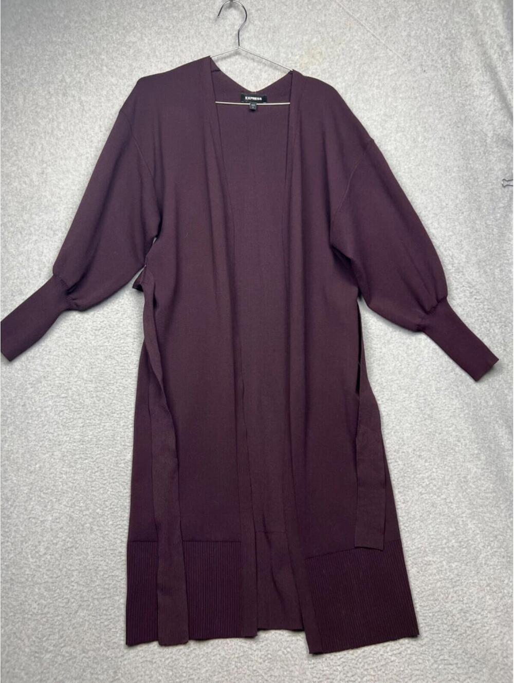 Express Womens Knit Long Trench Cardigan S Tie Waist Bishop Sleeve Maroon Simple